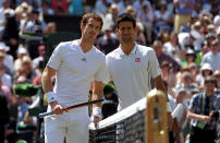 Great Britain's Andy Murray and Serbia's Novak Djokovic ahead of their match on day thirteen of the Wimbledon Championships at The All England Lawn Tennis and Croquet Club, Wimbledon.