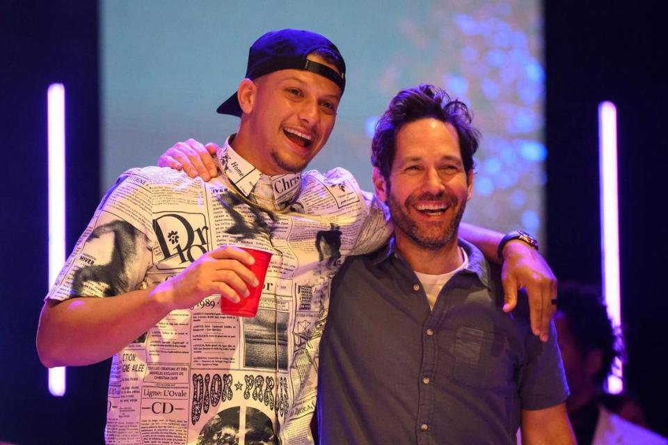 Kansas City Chiefs quarterback Patrick Mahomes, left, and host Paul Rudd enjoyed the action during the Big Slick auction last year at the T-Mobile Center. Reed Hoffmann/Special to the Star