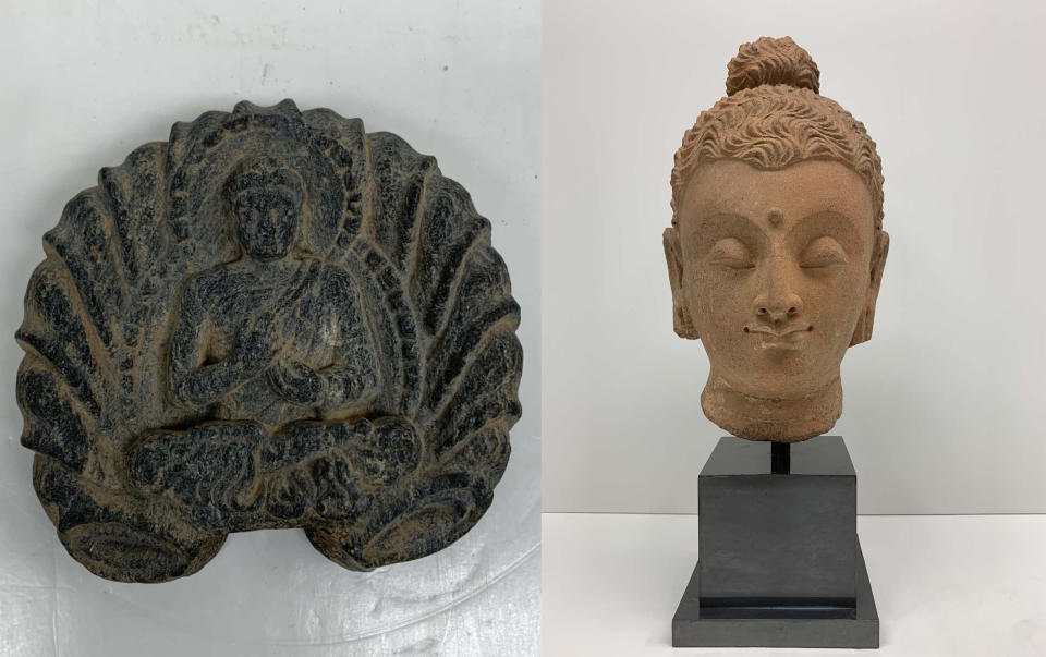 Recovered Afghan artifacts: Seated figure with leaves - 3rd century AD - valued at $2000;  and, Head of Buddha - 3rd-4th century AD - valued at $15,000. (New York District Attorney's Office  [2})