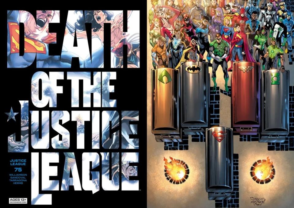 The cover art for 2022's Justice League #75, the "Death of the Justice League" issue.