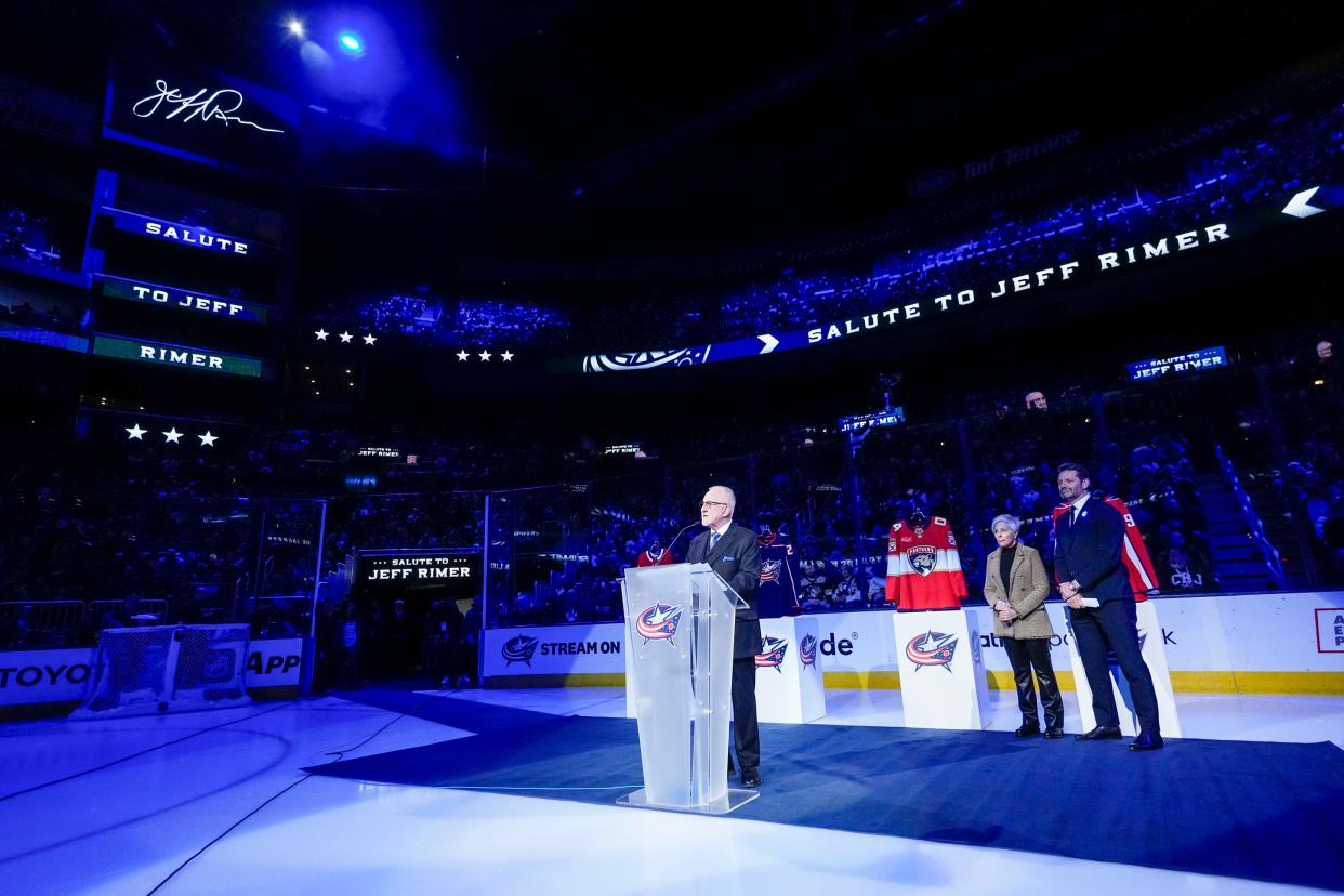 Mar 30, 2024; Columbus, Ohio, USA; Jeff Rimer salutes the fans as the legendary broadcaster is honored prior to the NHL hockey game between the Columbus Blue Jackets and the Pittsburgh Penguins at Nationwide Arena. Rimer is retiring at the end of the season.