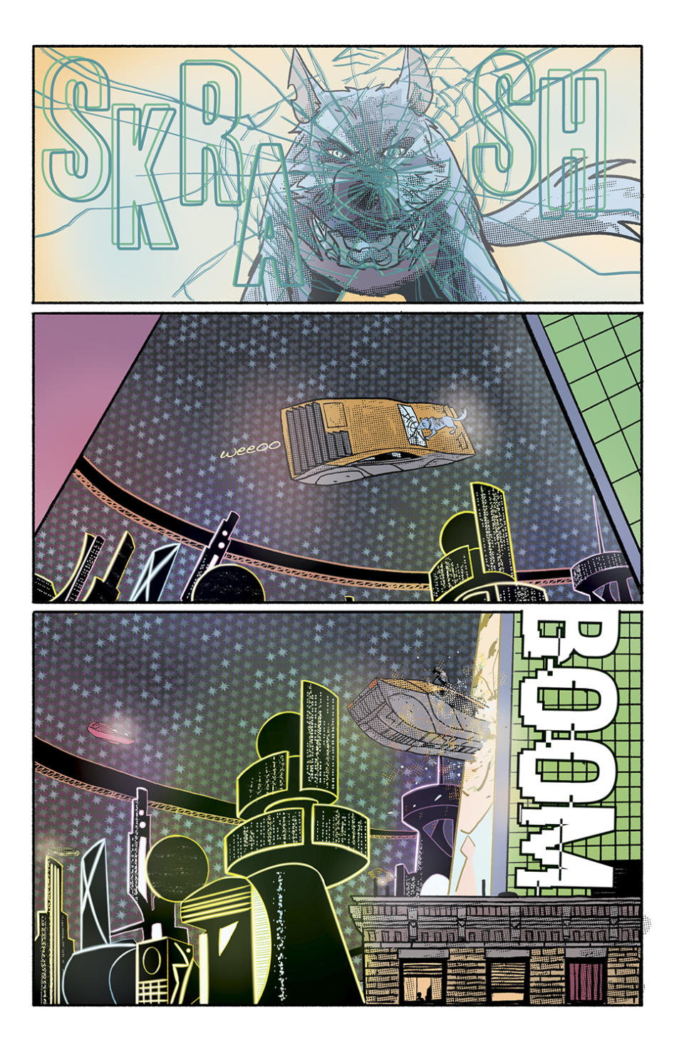 Scrapper interior pages: the dog smashes the glass on the flying car.