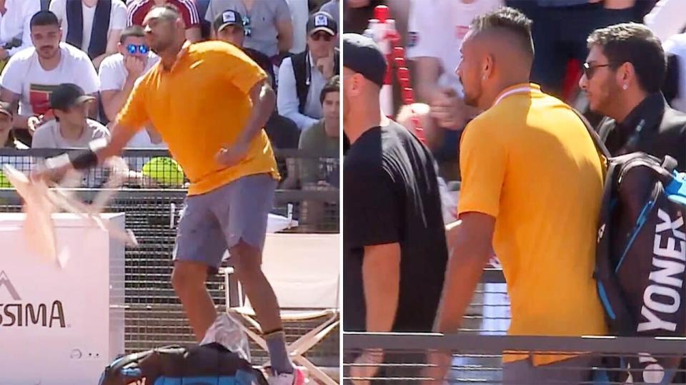 Nick Kyrgios threw a chair and almost immediately packed his bag to leave the court. Pic: ATP