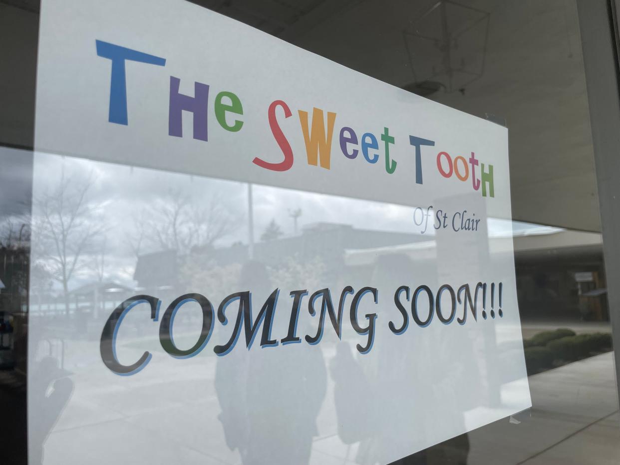 A coming soon sign for the upcoming Sweet Tooth of St. Clair location on April 19, 2024. Its owners are aiming for a Memorial Day weekend opening.