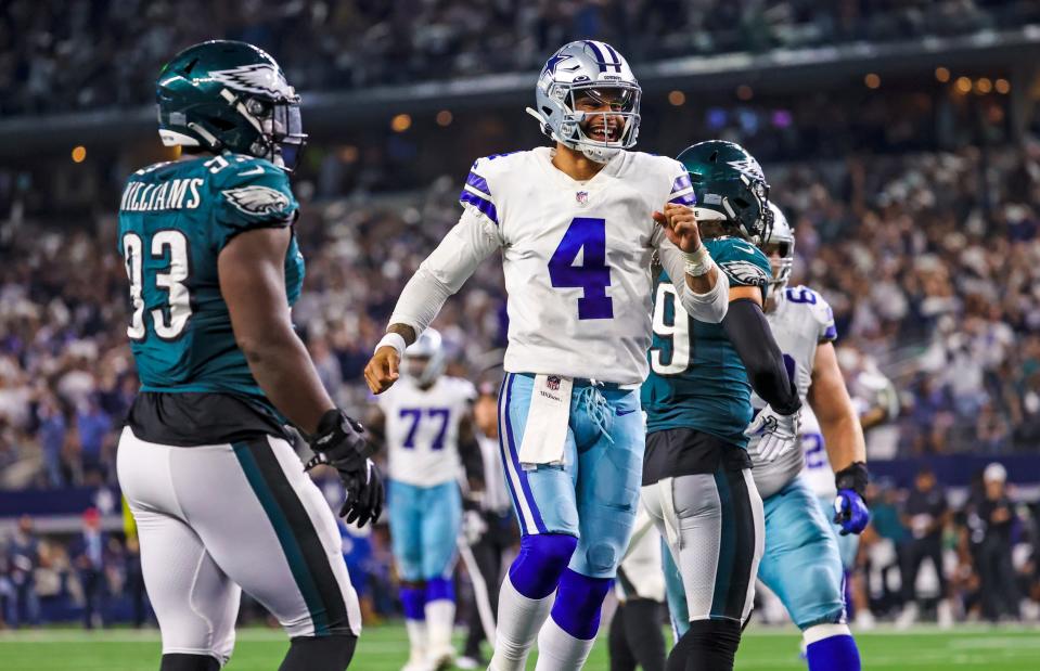 Cowboys quarterback Dak Prescott celebrates a touchdown during a 41-21 victory over the Eagles in Week 3.