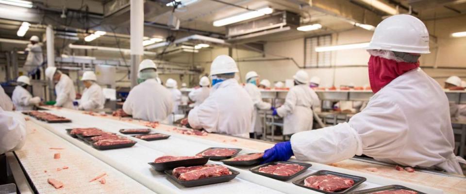 Workers handle meat packing shipment at plant.
