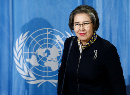 Special Rapporteur on the situation of human rights in Myanmar, Yanghee Lee addresses a news conference after her report to the Human Rights Council at the United Nations in Geneva, Switzerland, March 13, 2017. REUTERS/Denis Balibouse