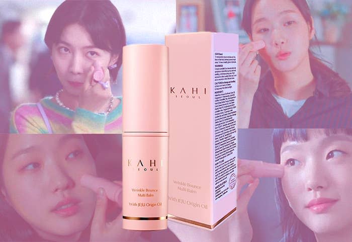 A chapstick-like product beside a box reads "kahi Seoul" in the middle of images of four characters from Korean TV dramas