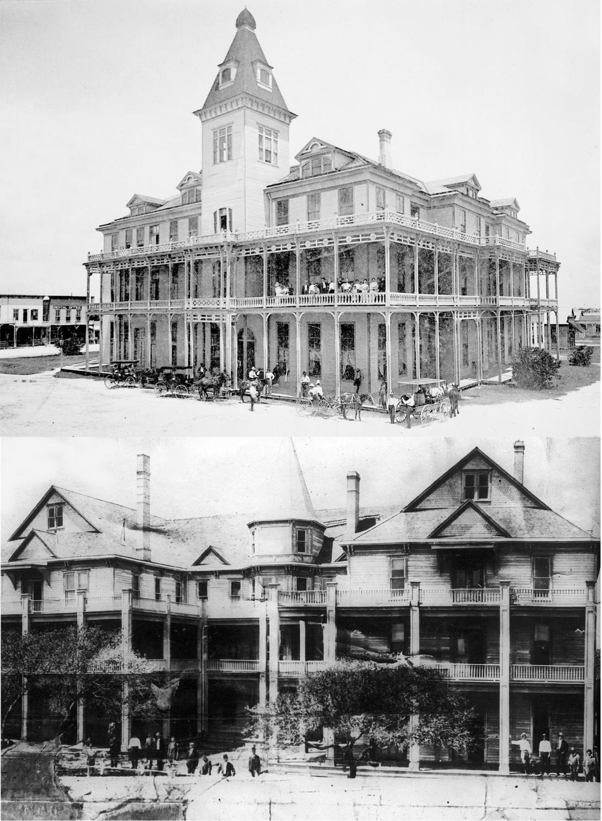 TOP: The Aransas Hotel, later renamed the Del Mar Hotel, was built on the Rockport waterfront in 1889. Visitors could stay in one of the 100 guest rooms and enjoy dancing and music in the large central dining room. The hotel closed sometime after 1910, and burned down in April 1919. BOTTOM: The Hotel Hoyt, later renamed Bayview Hotel, opened on South Commercial Street in Aransas Pass in 1891. It eventually closed down in the mid-1910s and was destroyed in the 1919 hurricane.