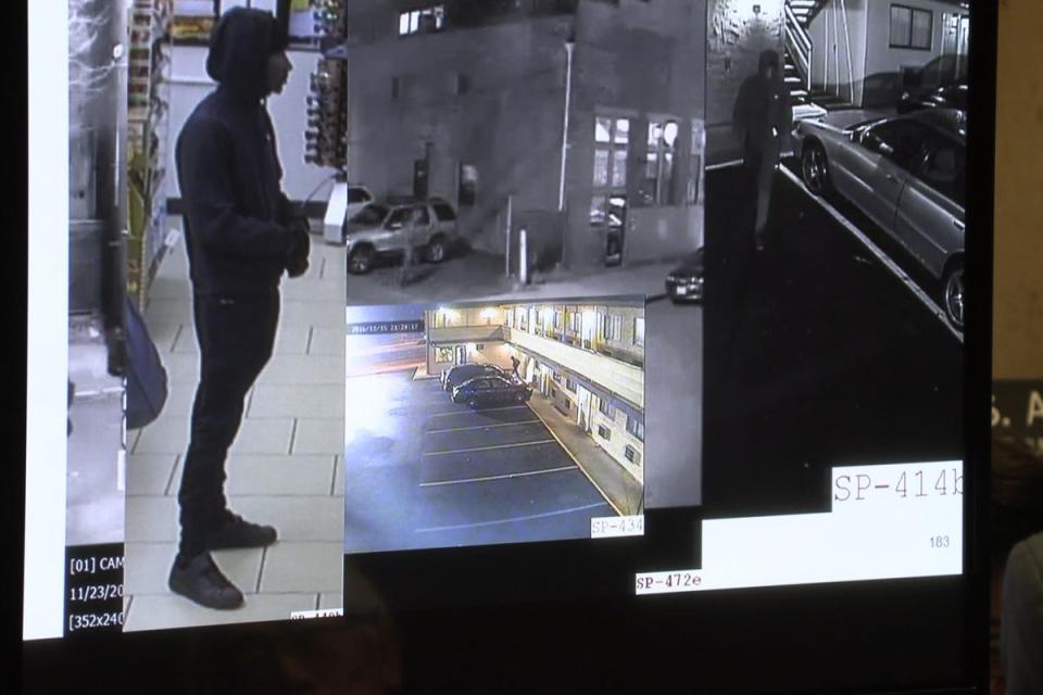 Surveillance photos of Khalil Wheeler-Weaver in various locations, including at the Ritz Motel, on the evening he assaulted Tiffany Taylor.