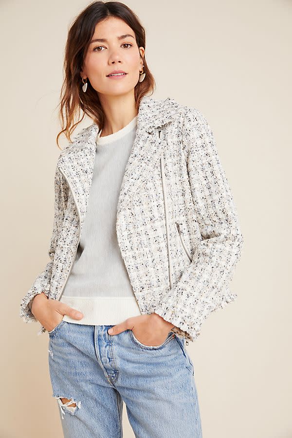 This moto jacket puts an edgy twist on the tweet blazer. 