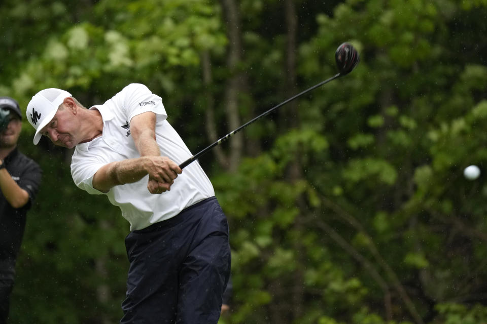 Lucas Glover hits off the 17th tee during the final round of the John Deere Classic golf tournament, Sunday, July 11, 2021, at TPC Deere Run in Silvis, Ill. (AP Photo/Charlie Neibergall)