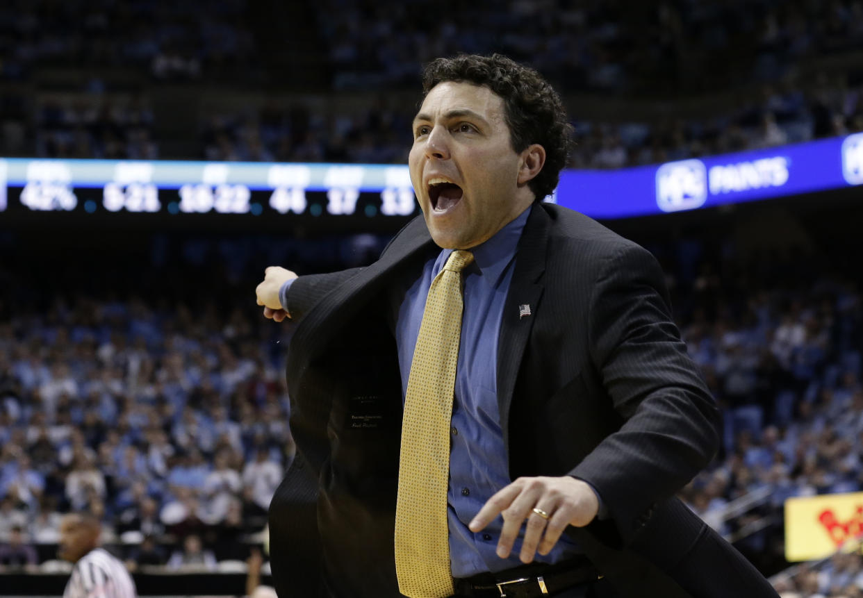 Georgia Tech head coach Josh Pastner reacts during the second half of an NCAA college basketball game against North Carolina in Chapel Hill, N.C., Saturday, Jan. 20, 2018. North Carolina won 80-66. (AP Photo/Gerry Broome)