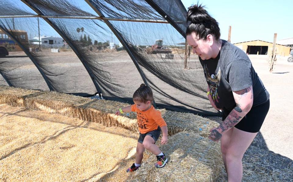 Bee reporter Dominique Williams and her niece Josie, 2, jump into the corn pit at Dutch Hollow Farms in Modesto, Calif., Thursday, Oct. 5, 2023.
