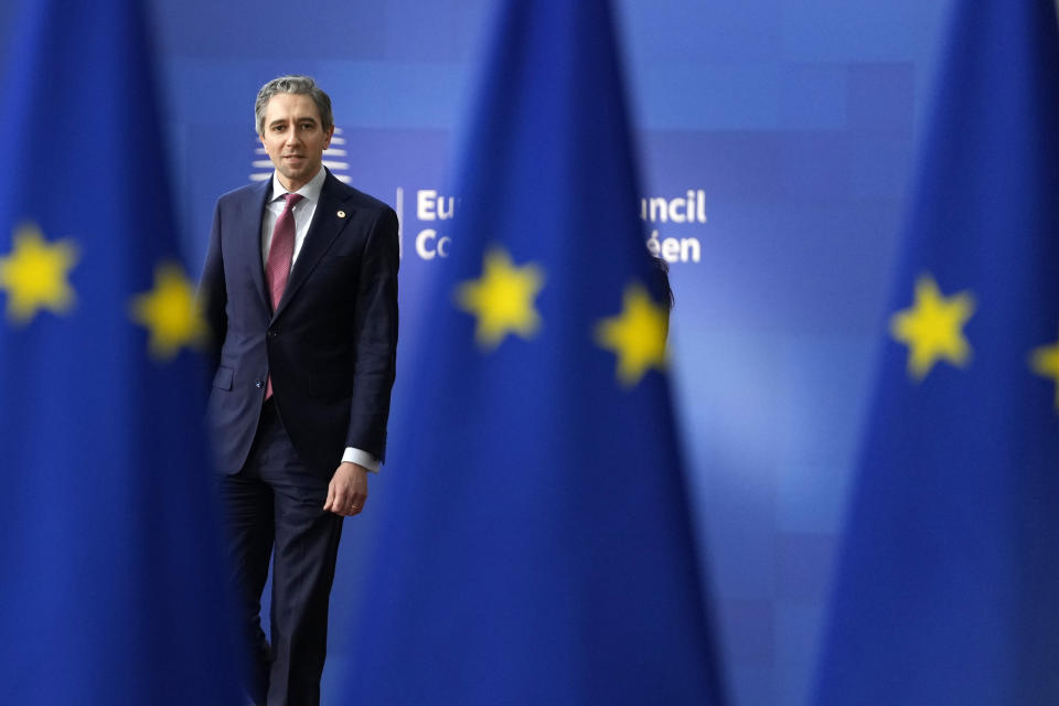 Ireland's Prime Minister Simon Harris arrives for an EU summit in Brussels, Wednesday, April 17, 2024. European leaders' discussions at a summit in Brussels were set to focus on the bloc's competitiveness in the face of increased competition from the United States and China. Tensions in the Middle East and the ongoing war between Russia and Ukraine decided otherwise and the 27 leaders will dedicate Wednesday evening talks to foreign affairs. (AP Photo/Virginia Mayo)