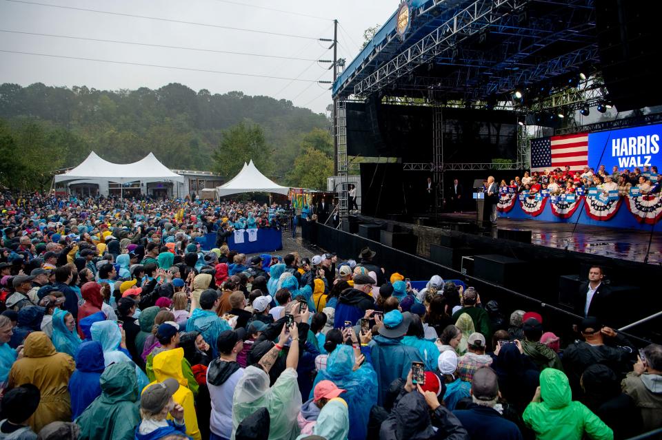 Minnesota Gov. Tim Walz, vice presidential candidate on the Democratic ticket with presidential candidate and U.S. Vice President Kamala Harris, takes the stage at Salvage Station, September 17, 2024, in Asheville, North Carolina.