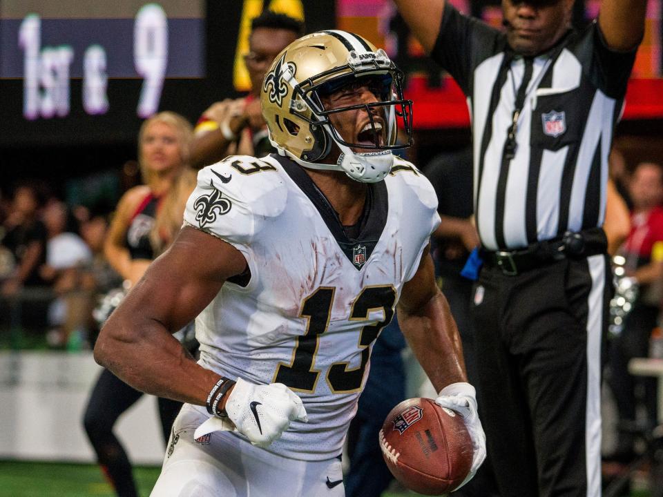 Michael Thomas celebrates a touchdown against the Atlanta Falcons.