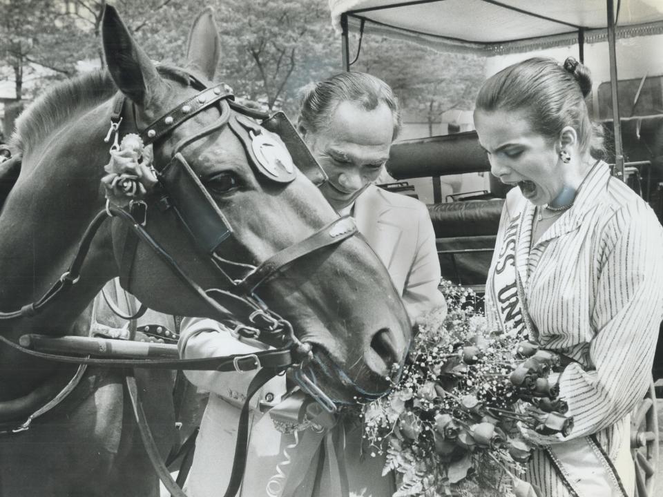 Upstaged: Maritza Sayelero; reigning Miss Universe; is upstaged by Annie the horse; who took a liking to her bouquet of roses.