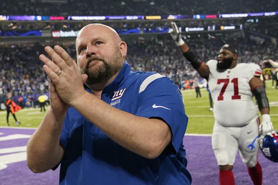 New York Giants head coach Brian Daboll reacts after an NFL wild card football game against the Minnesota Vikings Sunday, Jan. 15, 2023, in Minneapolis. The Giants won 31-24. (AP Photo/Abbie Parr)