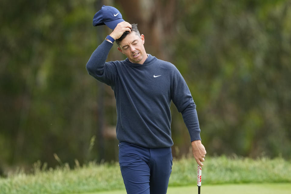 Rory McIlroy, of Northern Ireland, reacts after missing a putt on the ninth hole during a practice round for the U.S. Open Championship golf tournament at The Los Angeles Country Club on Tuesday, June 13, 2023, in Los Angeles. (AP Photo/Matt York)