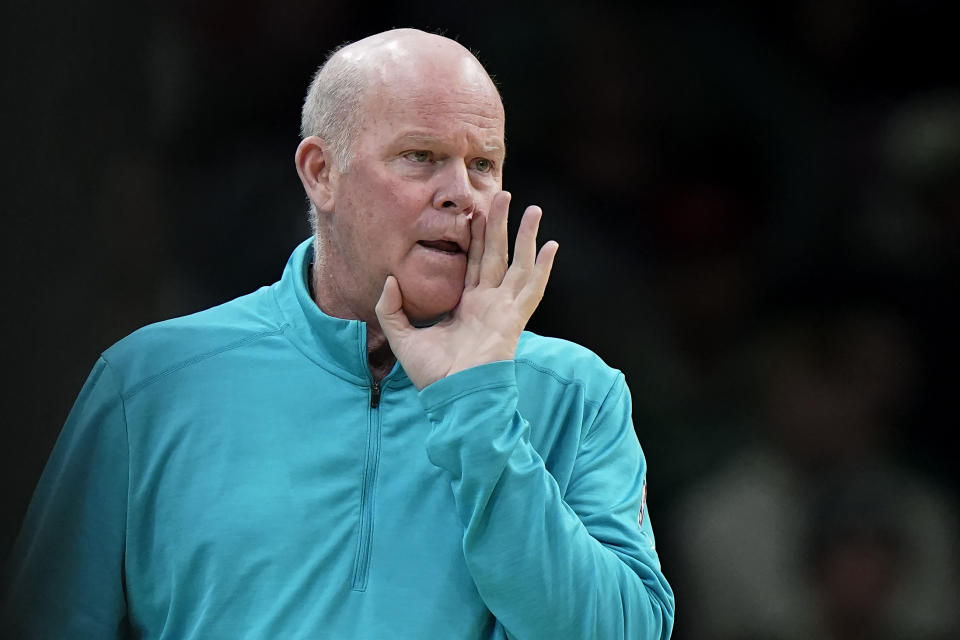 Charlotte Hornets head coach Steve Clifford shouts from the bench in the first half of a preseason NBA basketball game against the Boston Celtics, Sunday, Oct. 2, 2022, in Boston. (AP Photo/Steven Senne)