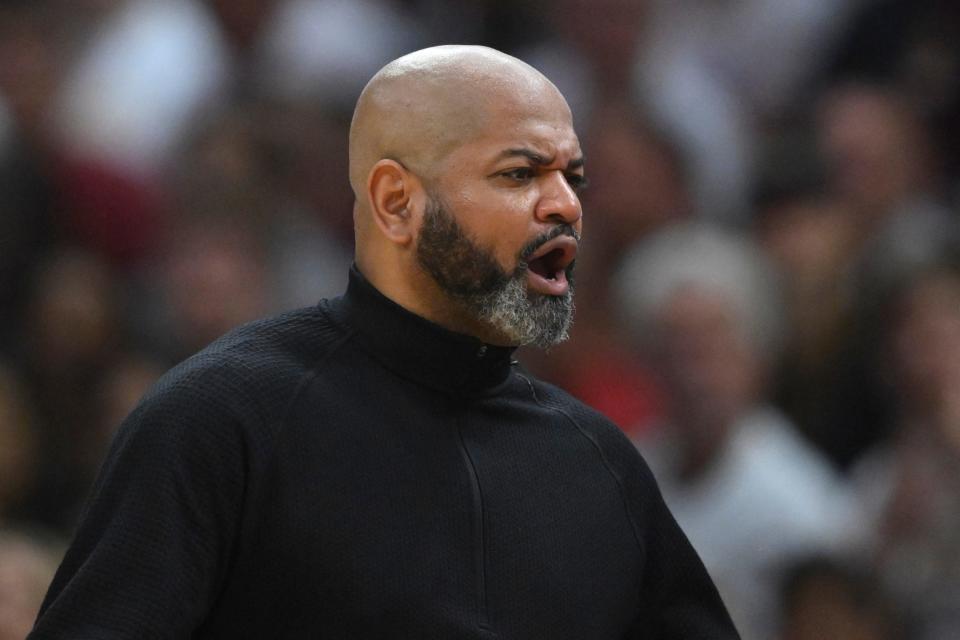 Cavaliers head coach J. B. Bickerstaff reacts against the Celtics in the second quarter of Game 4 of the Eastern Conference semifinals, May 13, 2024, in Cleveland.