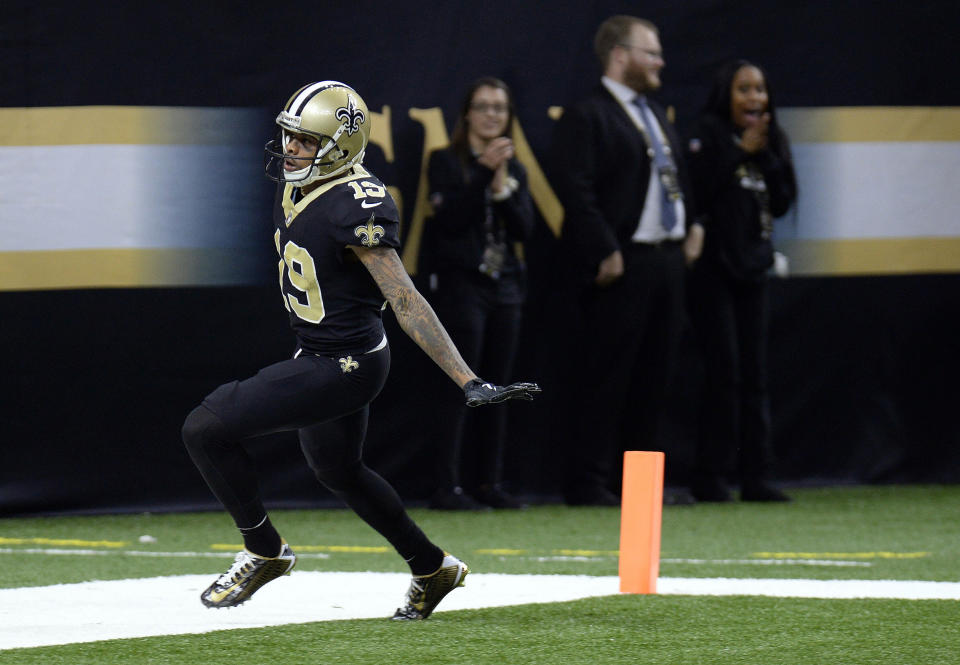 New Orleans Saints wide receiver Ted Ginn celebrates his touchdown reception in the first half of an NFL football game in New Orleans, Sunday, Dec. 24, 2017. (AP Photo/Bill Feig)