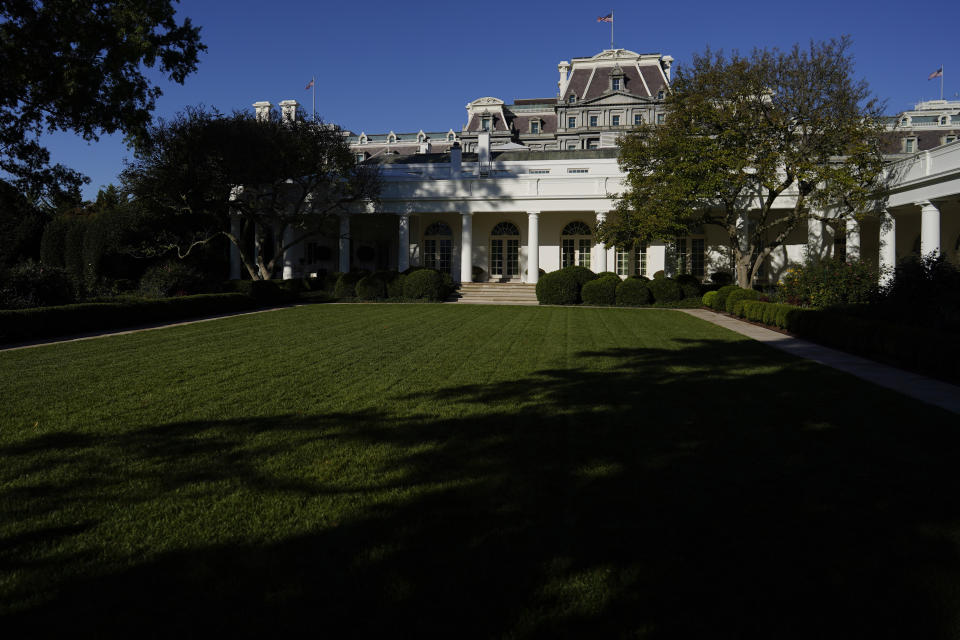 Lush green grass of the Rose Garden leads to the Oval Office of the White House during the White House Fall Garden Tour in Washington, Saturday, Oct. 8, 2022. (AP Photo/Carolyn Kaster)