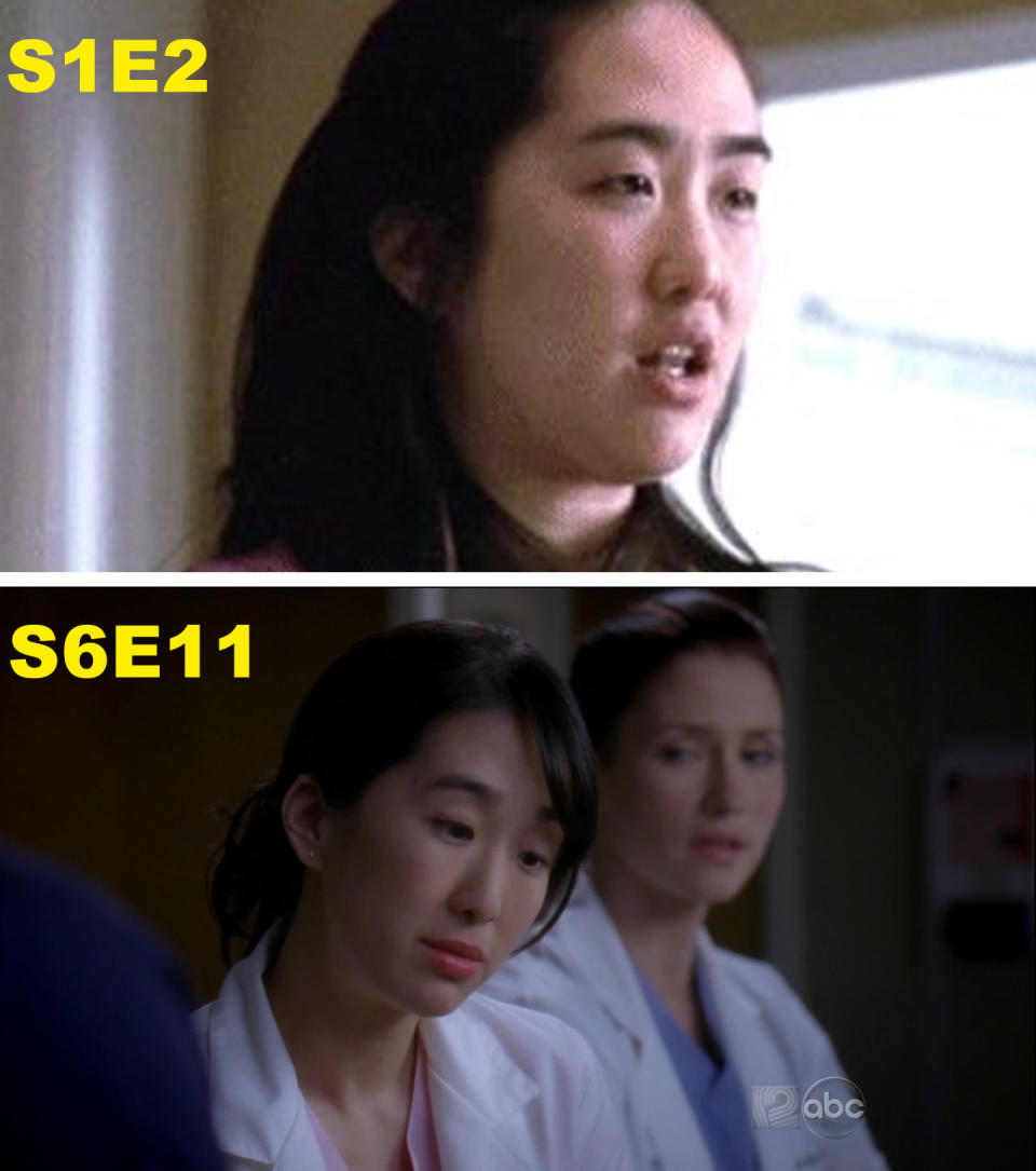 Two stills from Grey's Anatomy showing the same actress, one labeled S1E2 and the other labeled S6E11