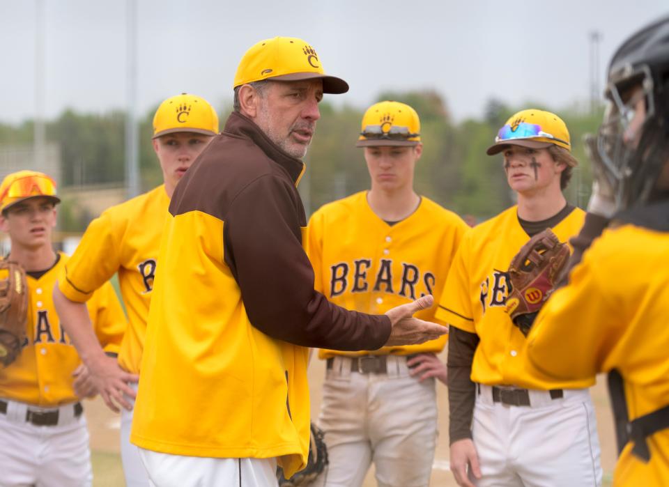 Central coach Mike Goedde gives instructions as the Bears host Harrison on April 17, 2021 at Paul Gries Field.