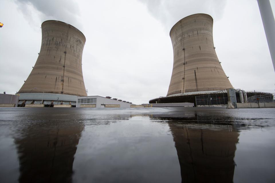 Shown are a cooling towers at the Three Mile Island nuclear power plant in Middletown, Monday, May 22, 2017. (AP Photo/Matt Rourke)