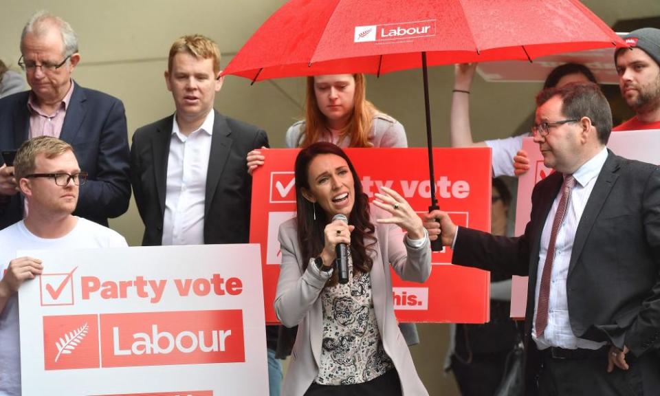Leader of the Labour Party Jacinda Ardern speaks to university students during a visit to Victoria University in Wellington.