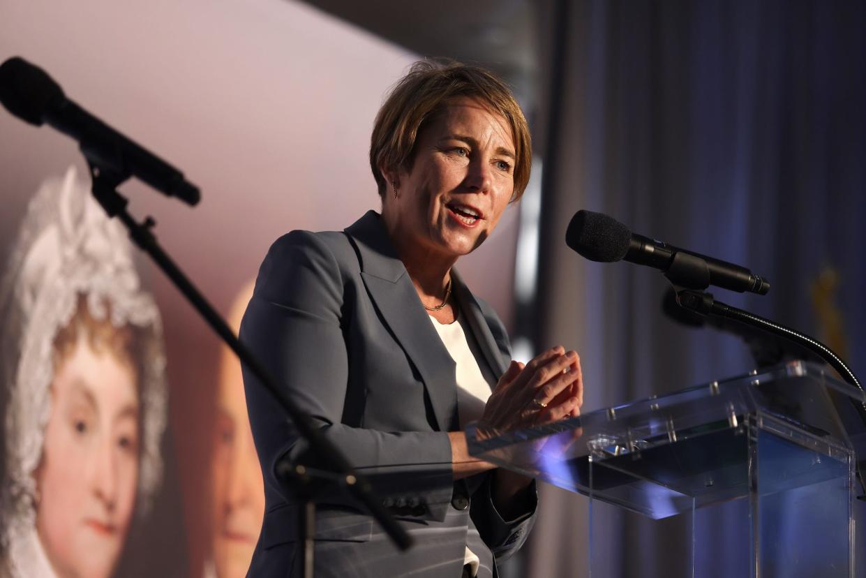 Gov. Maura Healey speaks at a kickoff fundraiser for the Adams Presidential Center at Granite Links Golf Club in Quincy on Tuesday, April 11, 2023.