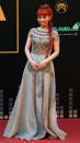 Taiwan singer Peggy Hsu poses in a beige dress. (Reuters/Tyrone Siu)