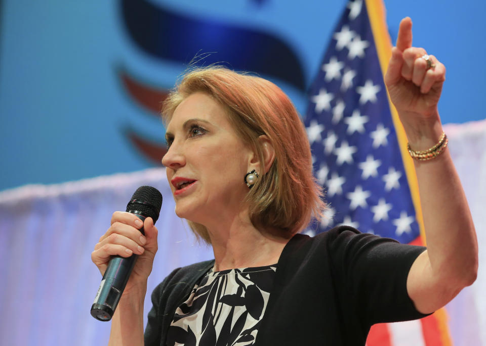 Former Hewlett-Packard CEO Carly Fiorina speaks at the Iowa Faith & Freedom 15th Annual Spring Kick Off, in Waukee, Iowa, Saturday, April 25, 2015.