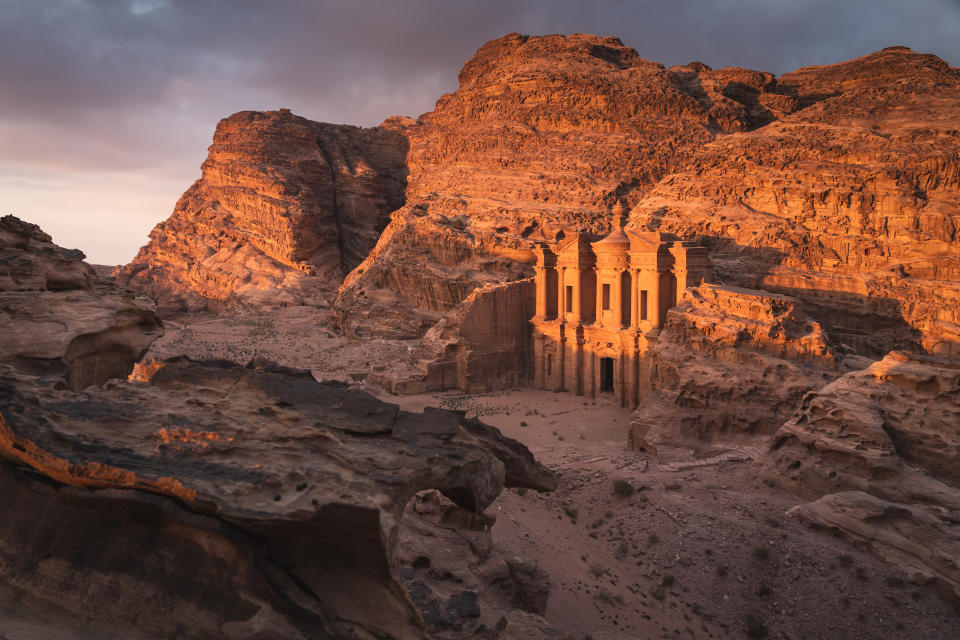 The Monastery or Ad Deir at beautiful sunset in Petra ruin and ancient city, Jordan, Arab, Middle east of Asia