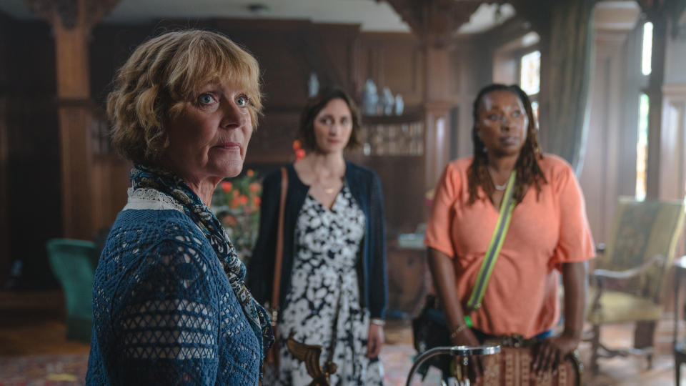 (L-R) Samantha Bond as Judith Potts, Cara Horgan as Becks Starling and Jo Martin as Suzie Harris Credit: UKTV / Robbie Gray