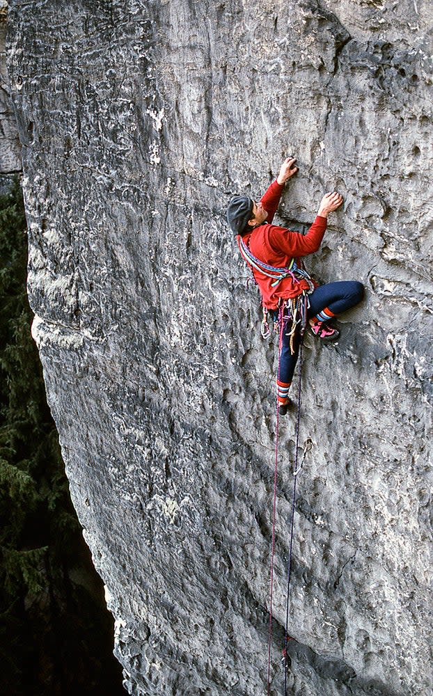 Bernd Arnold, a leading Saxony climber, establishes a first ascent on the histoical sandstone walls of the Eldsandstein, near Dresden, Germany. Rock climbing, as we think of it, began here well over a hundred years ago.