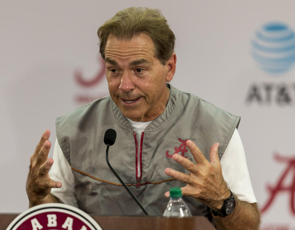 Alabama football coach Nick Saban talks with the media on Thursday, Aug. 24. (AP)