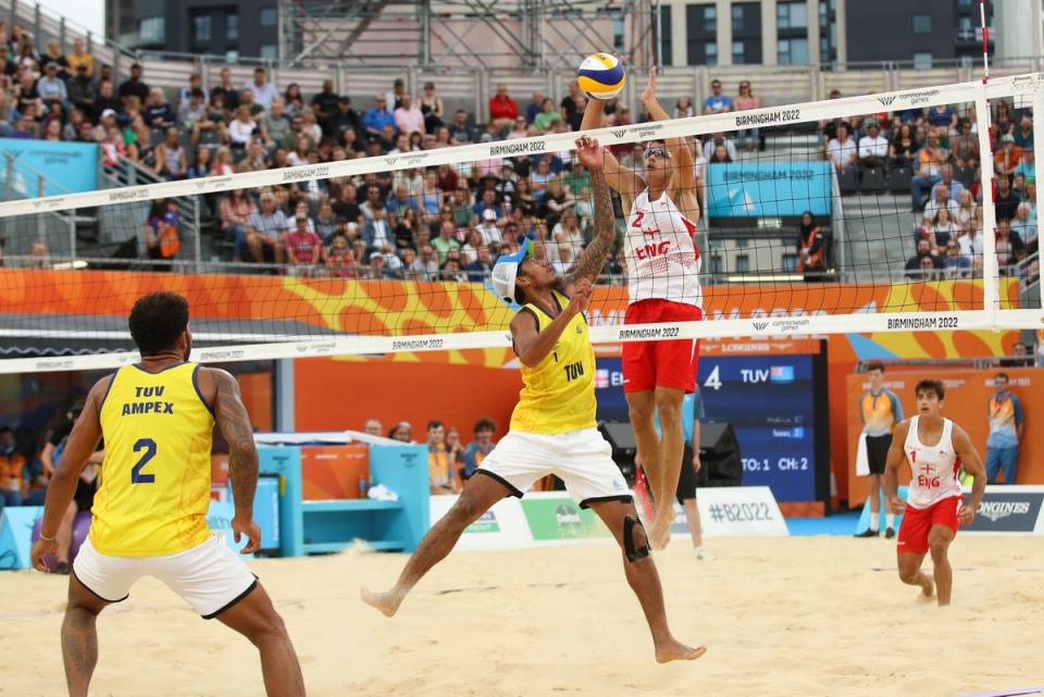 Team England triumphed 21-10, 21-12 over the Tuvalu duo in the men’s beach volleyball opener (PA)