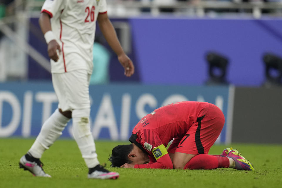 South Korea's Son Heung-min reacts after the Asian Cup Group E soccer match between Jordan and South Korea at Al Thumama in Doha, Qatar, Saturday, Jan. 20, 2024. The match ended 2-2. (AP Photo/Aijaz Rahi)