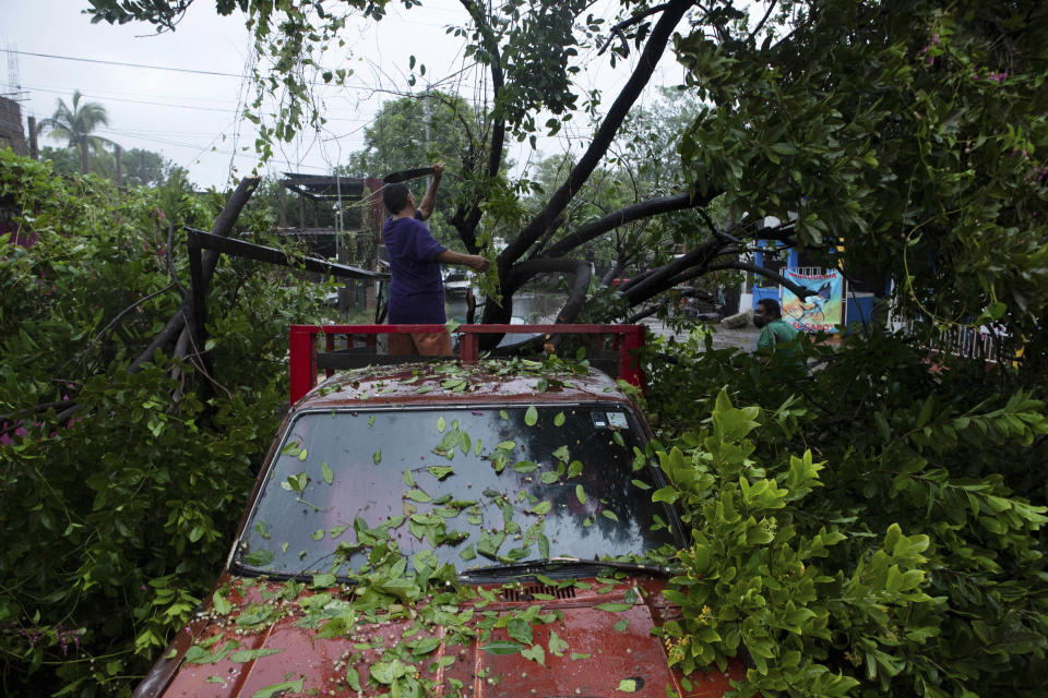 A man cuts a tree damaged by the passing of Hurricane Rick in Lazaro Cardenas, Mexico, Monday, Oct. 25, 2021. Hurricane Rick roared ashore along Mexico's southern Pacific coast early Monday with winds and heavy rain amid warnings of potential flash floods in the coastal mountains. (AP Photo/Armando Solis)