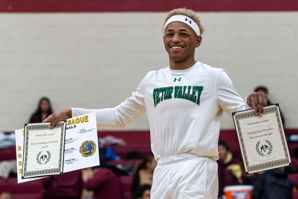 Victor Valley's Avian Singh was named the boys lower-weight MVP at the Desert Sky League wrestling finals on Saturday, Jan. 21, 2023.