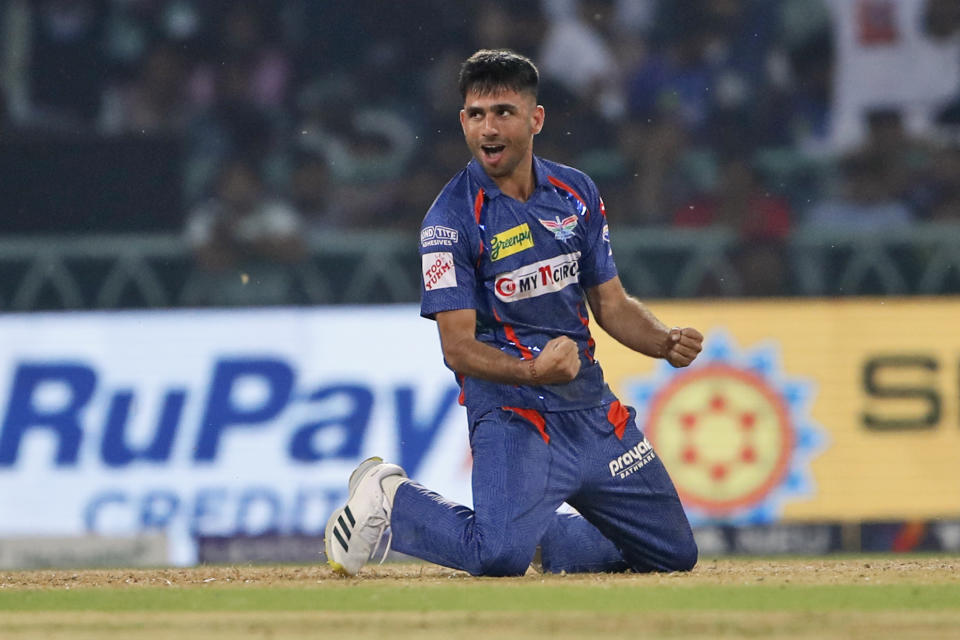 Lucknow Super Giants' Ravi Bishnoi celebrates the wicket of Punjab Kings' Sikandar Raza during the Indian Premier League cricket match between Lucknow Super Giants and Punjab Kings in Lucknow, India, Saturday, April 15, 2023. (AP Photo/Surjeet Yadav)