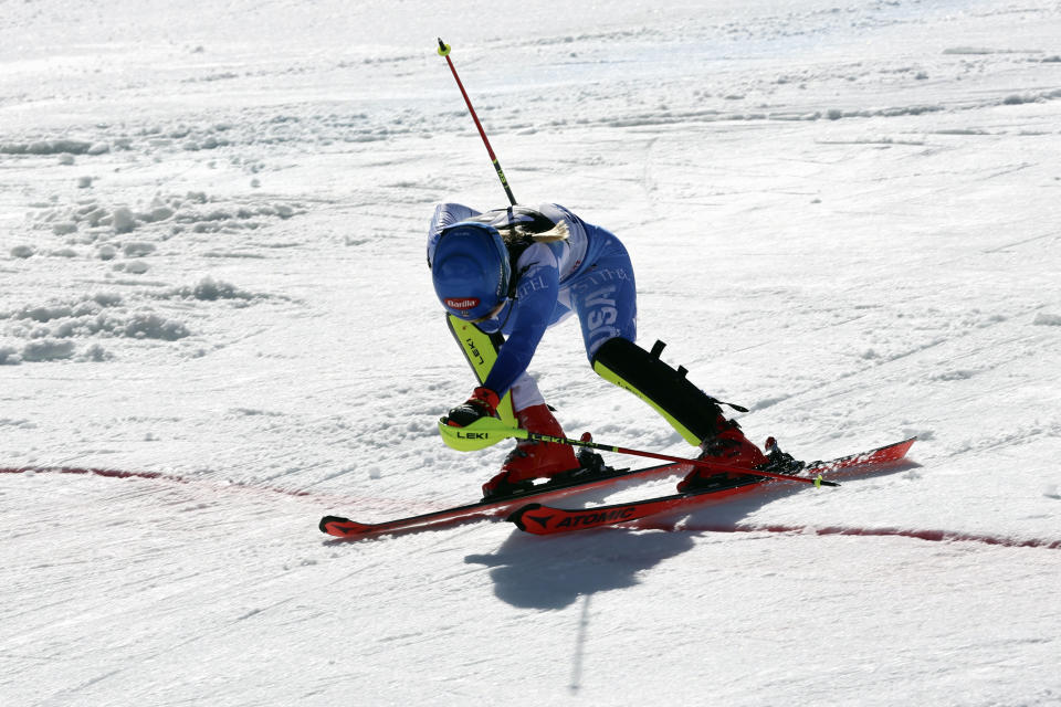 United States' Mikaela Shiffrin gets to the finish area after completing the women's World Championship slalom, in Meribel, France, Saturday Feb. 18, 2023. (AP Photo/Marco Trovati)