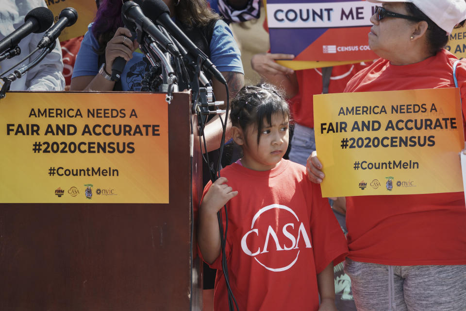 IImmigration activists rally outside the Supreme Court as the justices hear arguments over the Trump administration's plan to ask about citizenship on the 2020 census, in Washington, Tuesday, April 23, 2019. Critics say the citizenship question on the census will inhibit responses from immigrant-heavy communities that are worried the information will be used to target them for possible deportation. (Photo: J. Scott Applewhite/AP)