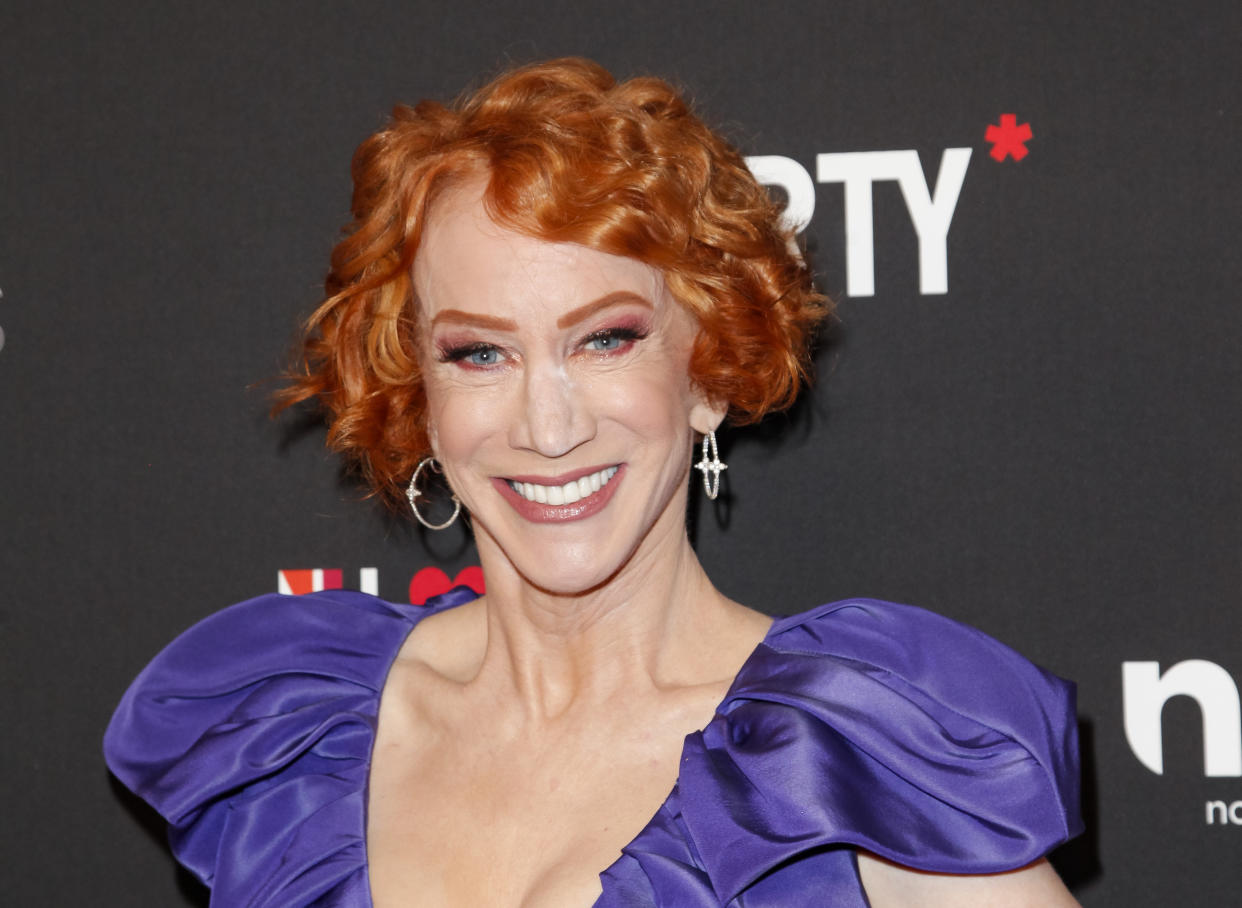 Kathy Griffin rocks neon sports bra and granny panties for afternoon pool dip. (Photo by Tibrina Hobson/Getty Images)