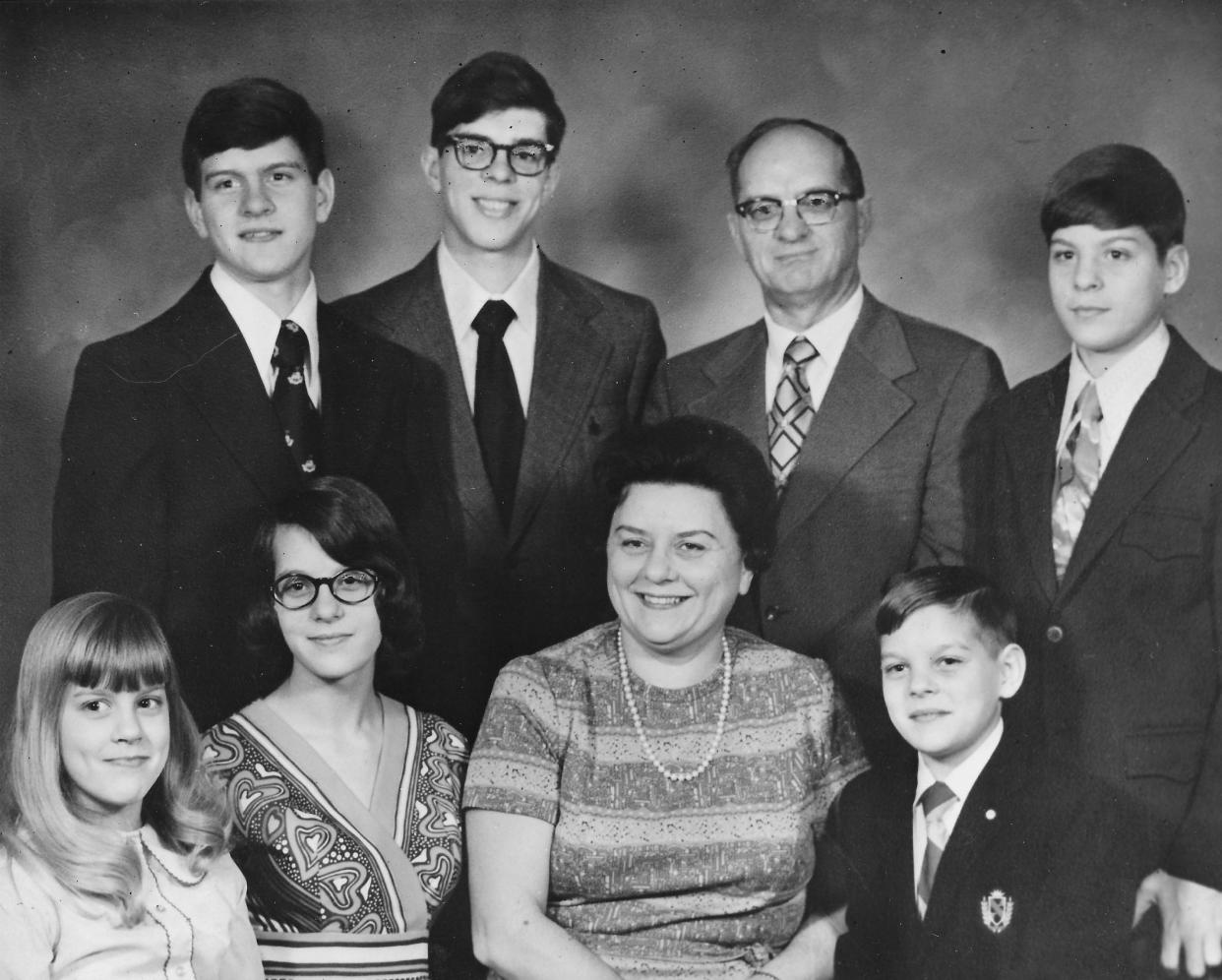 The Anthony family of Wadsworth takes a portrait in 1973. Pictured from bottom left are Julie, 10, Mary Pat, 15, mother Patricia, 39, Daniel, 12, (back row) David, 18, Paul, 19, father Paul, 47, and Peter, 16.