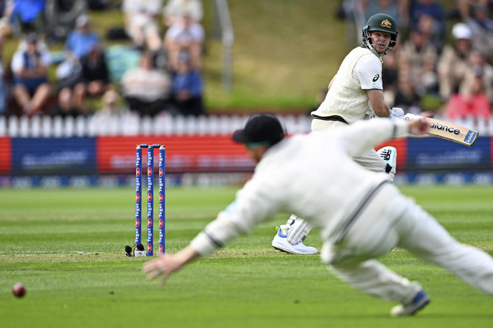 Australia's Steve Smith, right, bats, against New Zealand on the first day of their cricket test match in Wellington, New Zealand, Thursday, Feb. 29, 2024. (Kerry Marshall/Photosport via AP)