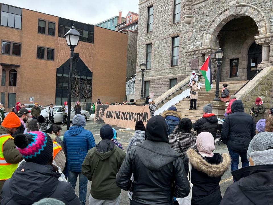 Marilyn Kasken is addressing the crowd of protestors who gathered outside the Supreme Court in St. John's.